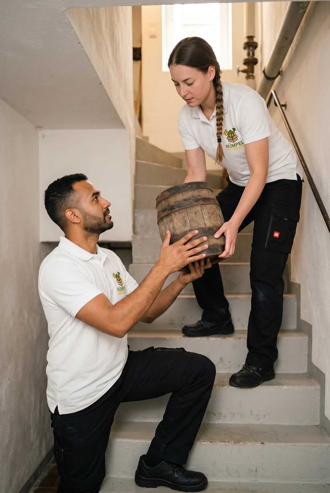 Sicherer Transport schwerer Möbel über die Treppe bei der Entrümpelung in Rommerskirchen