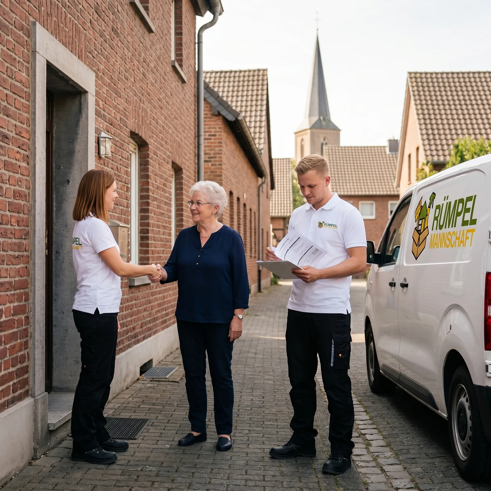 Servicebereich der Rümpelmannschaft mit Team vor Häusern in Rommerskirchen
