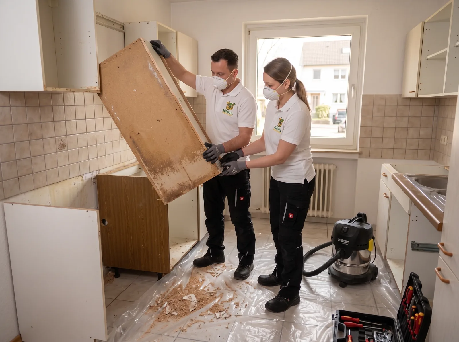 Räumarbeit bei Entrümpelung Viersen — Küchenschränke werden fachgerecht demontiert, Hausrat wird nach Müllsorten getrennt und entsorgt