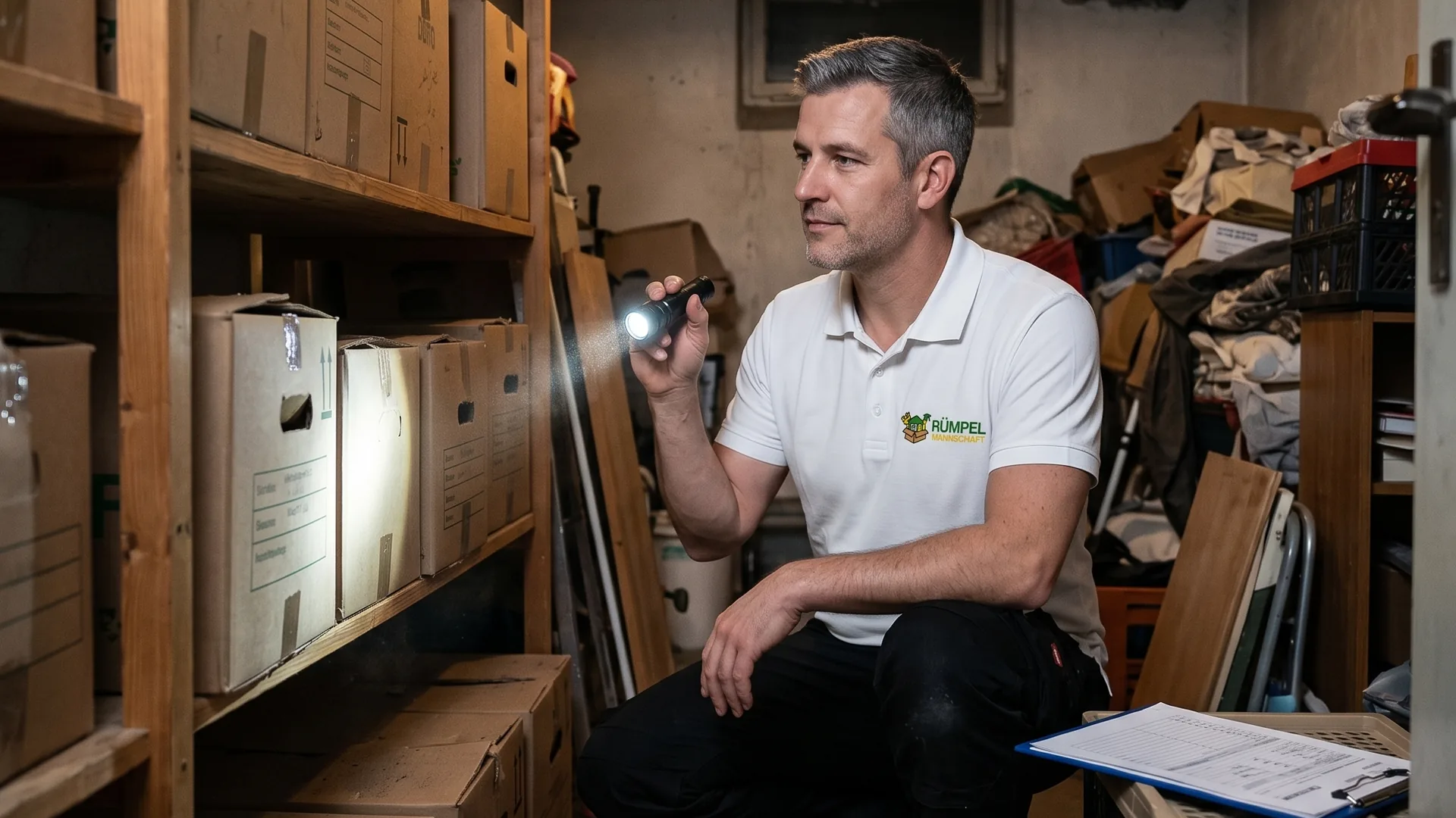 Keller-Inspektion mit Taschenlampe vor der Entrümpelung in Wegberg