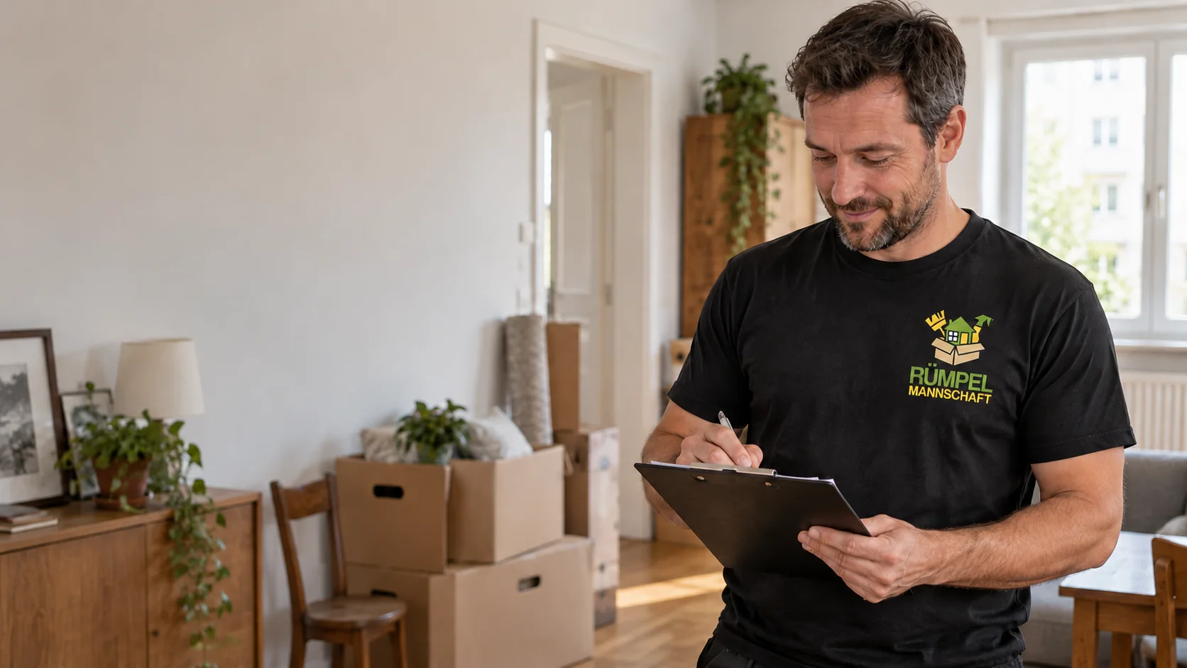 Symbolische Besichtigung mit Klemmbrett im schwarzen Rümpelmannschaft-Shirt, KI-generiert