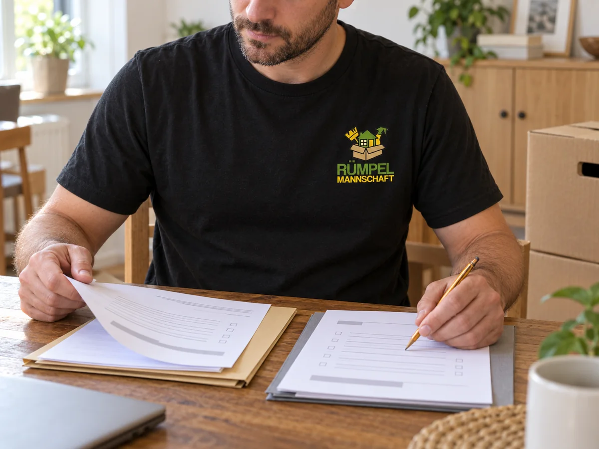 Symbolischer Vergleich zweier Unterlagen durch einen Mitarbeiter im schwarzen Rümpelmannschaft-Shirt, KI-generiert